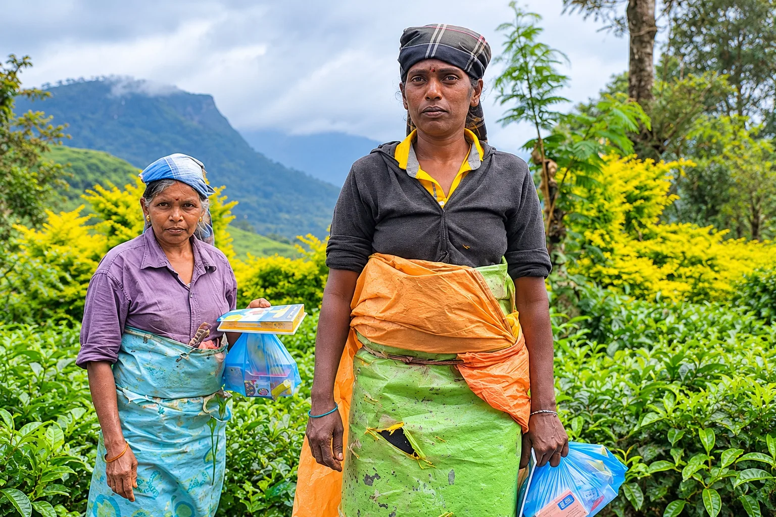 Twee vrouwen tussen de theeplanten in Sri Lanka