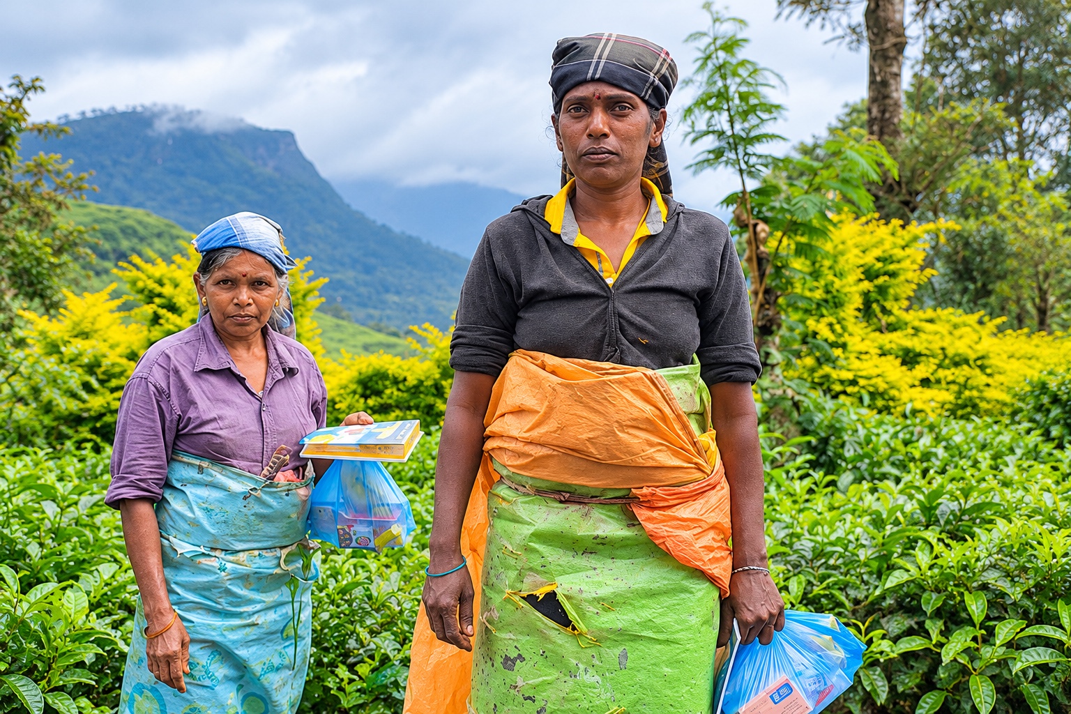 Twee vrouwen tussen de theeplanten in Sri Lanka